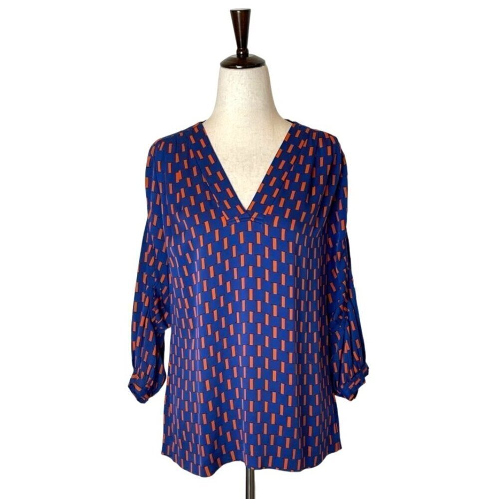 Diane Von Furstenberg Blue And Orange Silk New Cahil Printed Blouse Size‎ 0
